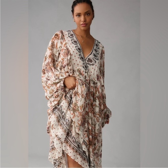 Anthropologie Boho V Neck Balloon Sleeve Maxi Dress Floral Tiered size Small - Picture 2 of 16